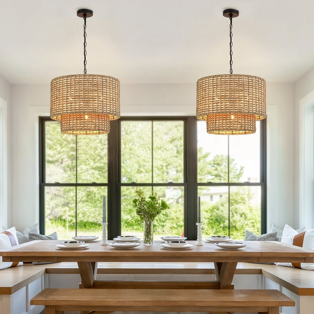 Lennie 20 in. 4-Light Rattan Tiered Drum Chandelier Light with Black Canopy - 20 in. W - 20 in. W