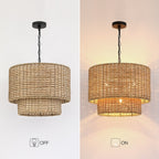 Lennie 20 in. 4-Light Rattan Tiered Drum Chandelier Light with Black Canopy - 20 in. W - 20 in. W