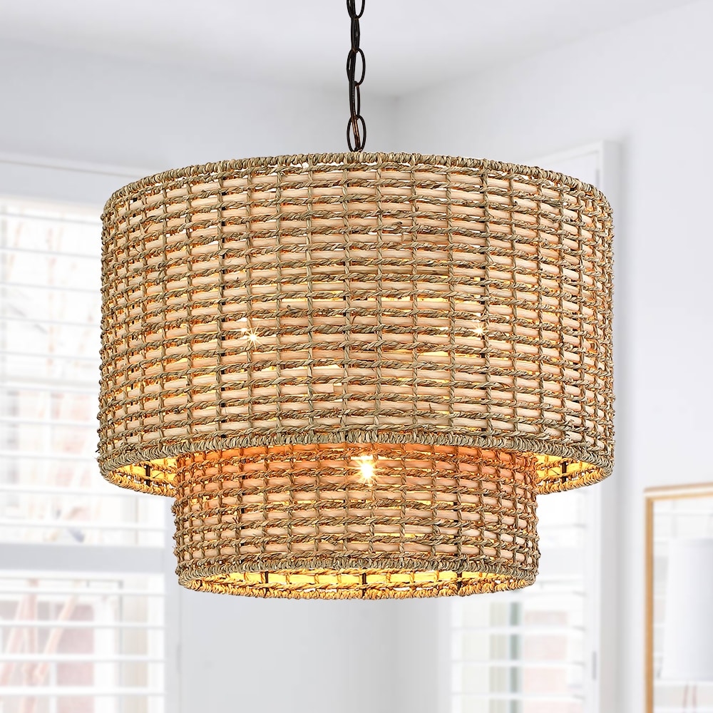 Lennie 20 in. 4-Light Rattan Tiered Drum Chandelier Light with Black Canopy - 20 in. W - 20 in. W