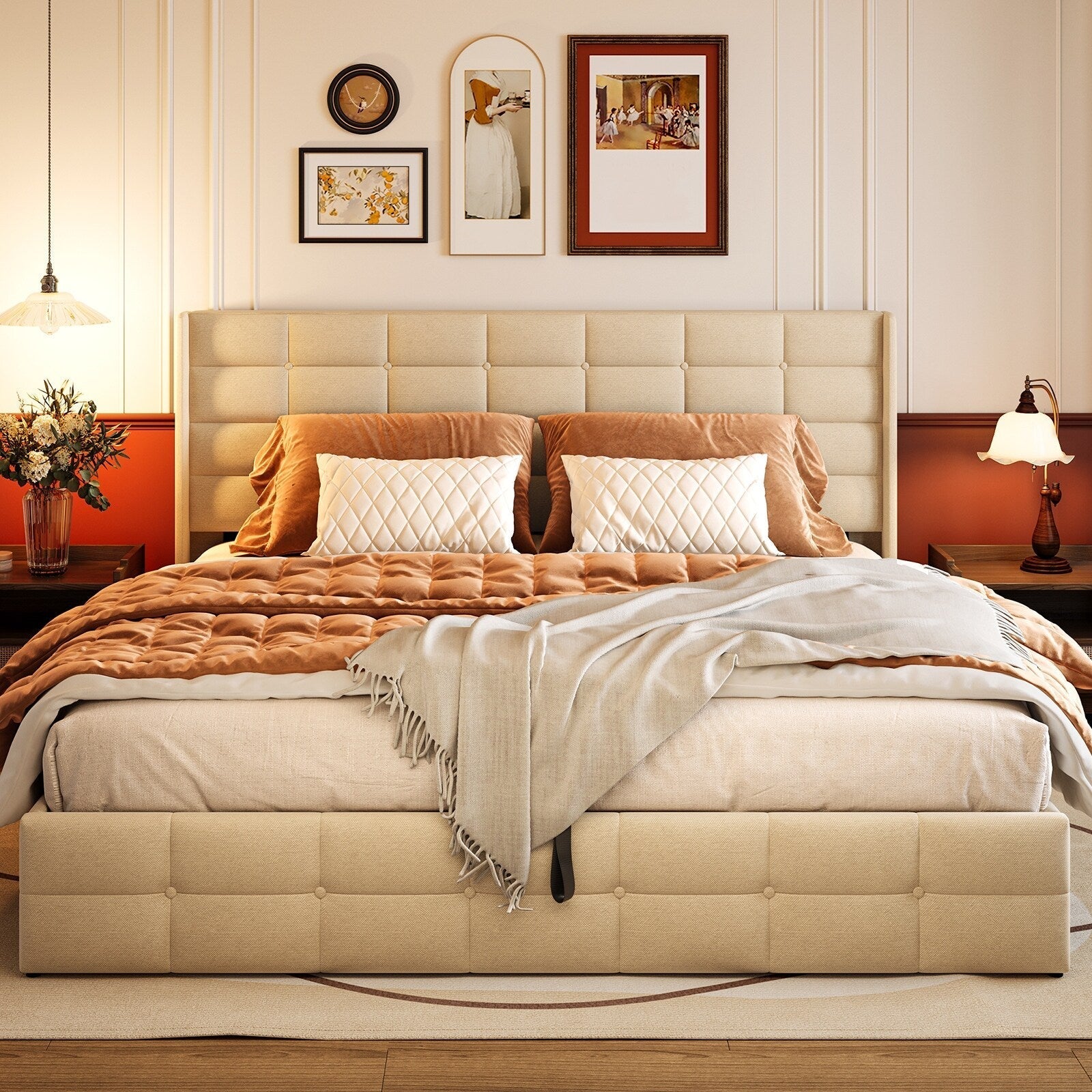 Lift Up Storage Bed Frame, Upholstered Platform Bed Frame with Hydraulic Storage System and Headboard
