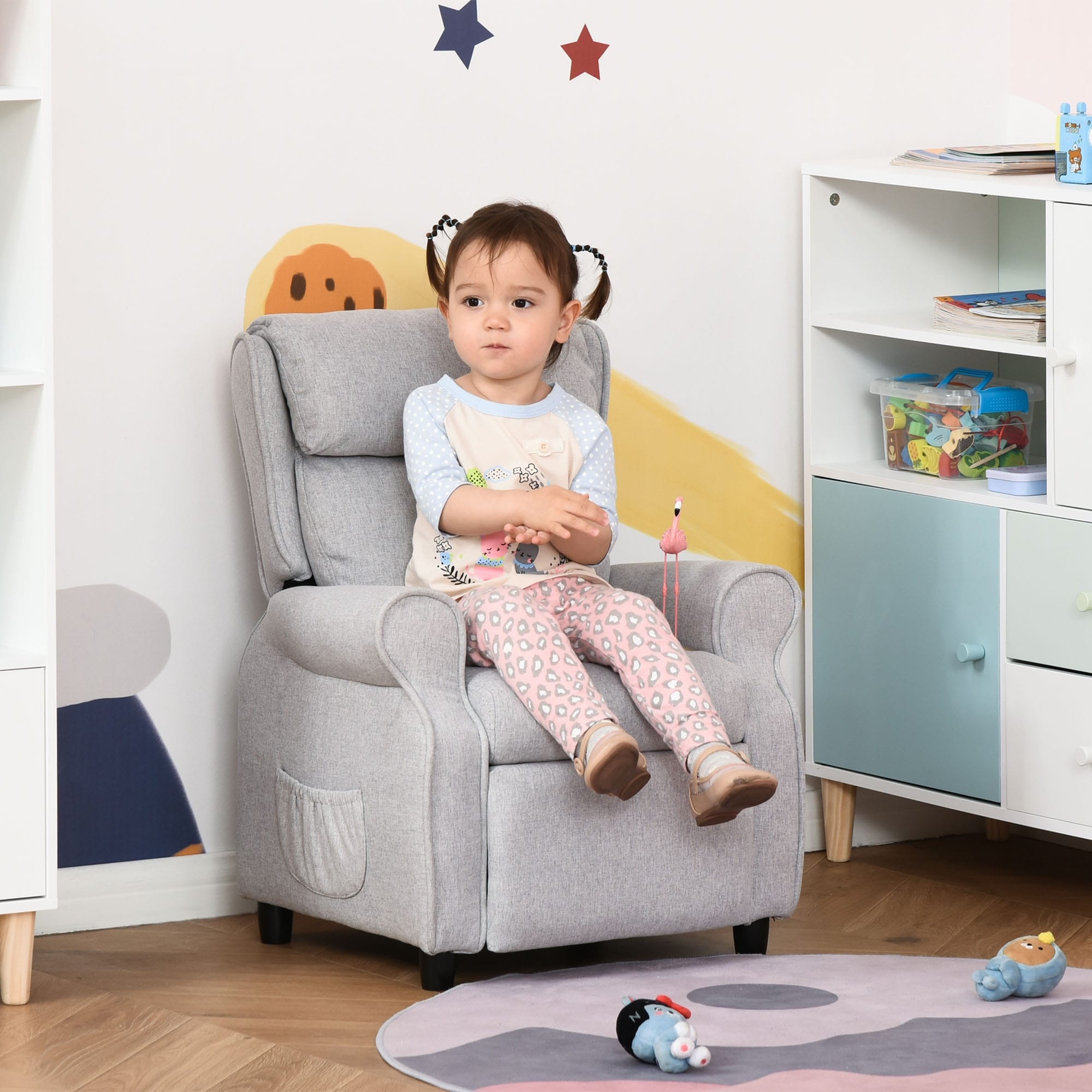 Light Grey Kids Children Upholstered Manual Recliner for 3-5 Years with Footrest and 2 Side Pockets