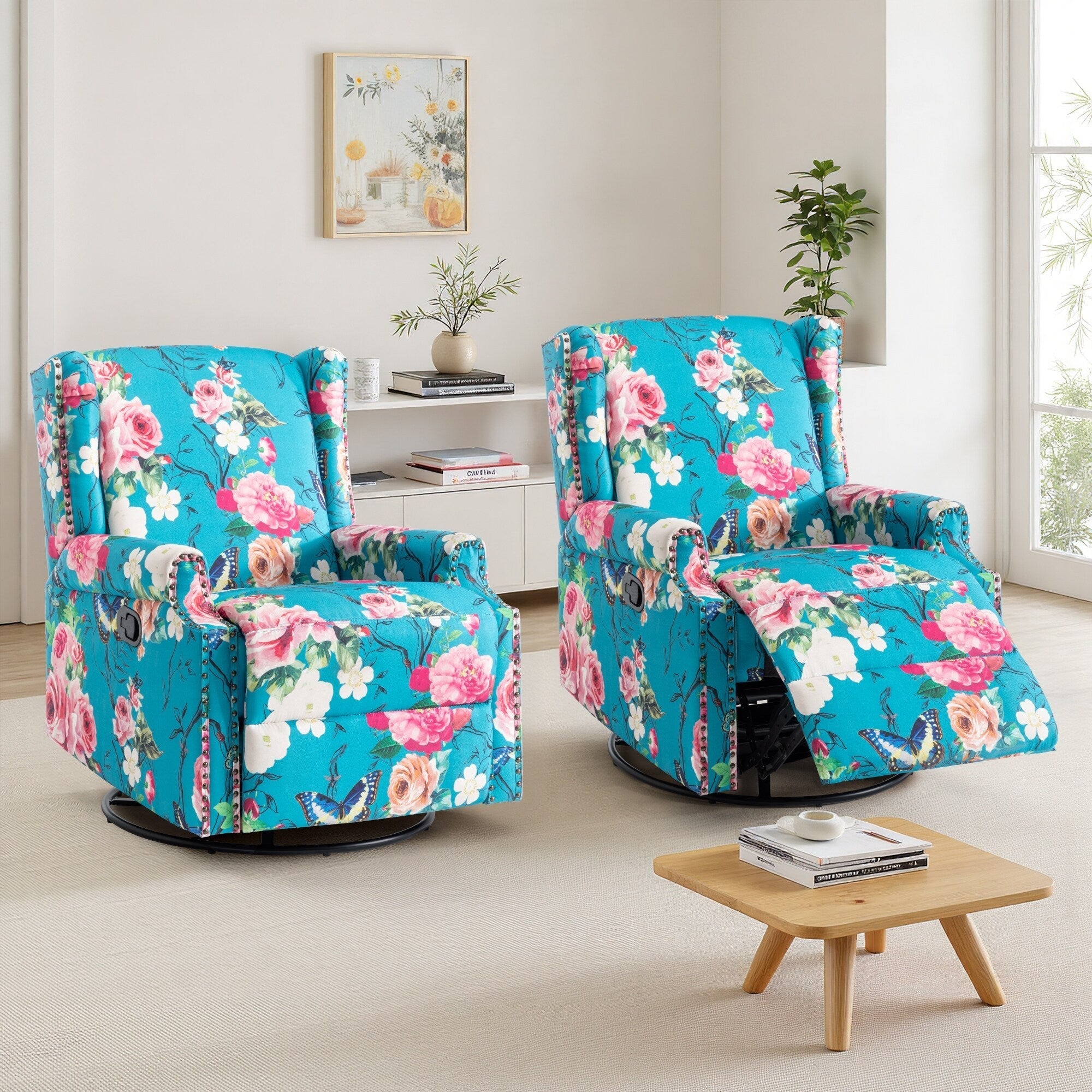 29'' W Pattern Swivel Glider Manual Push Back Recliner Chair Set of 2