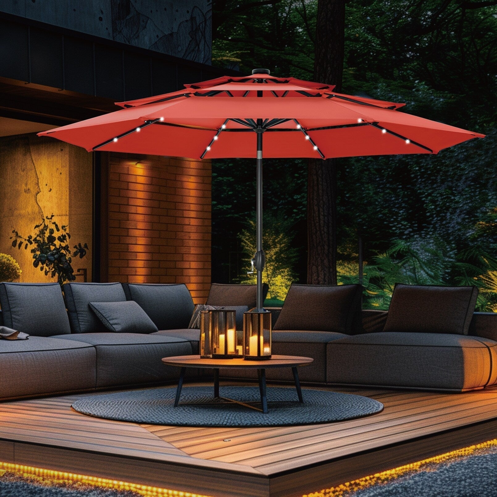 MAISON ARTS 10ft 3 Tier Auto-tilt Patio Umbrella Outdoor Double Vented Umbrella with LED Lights