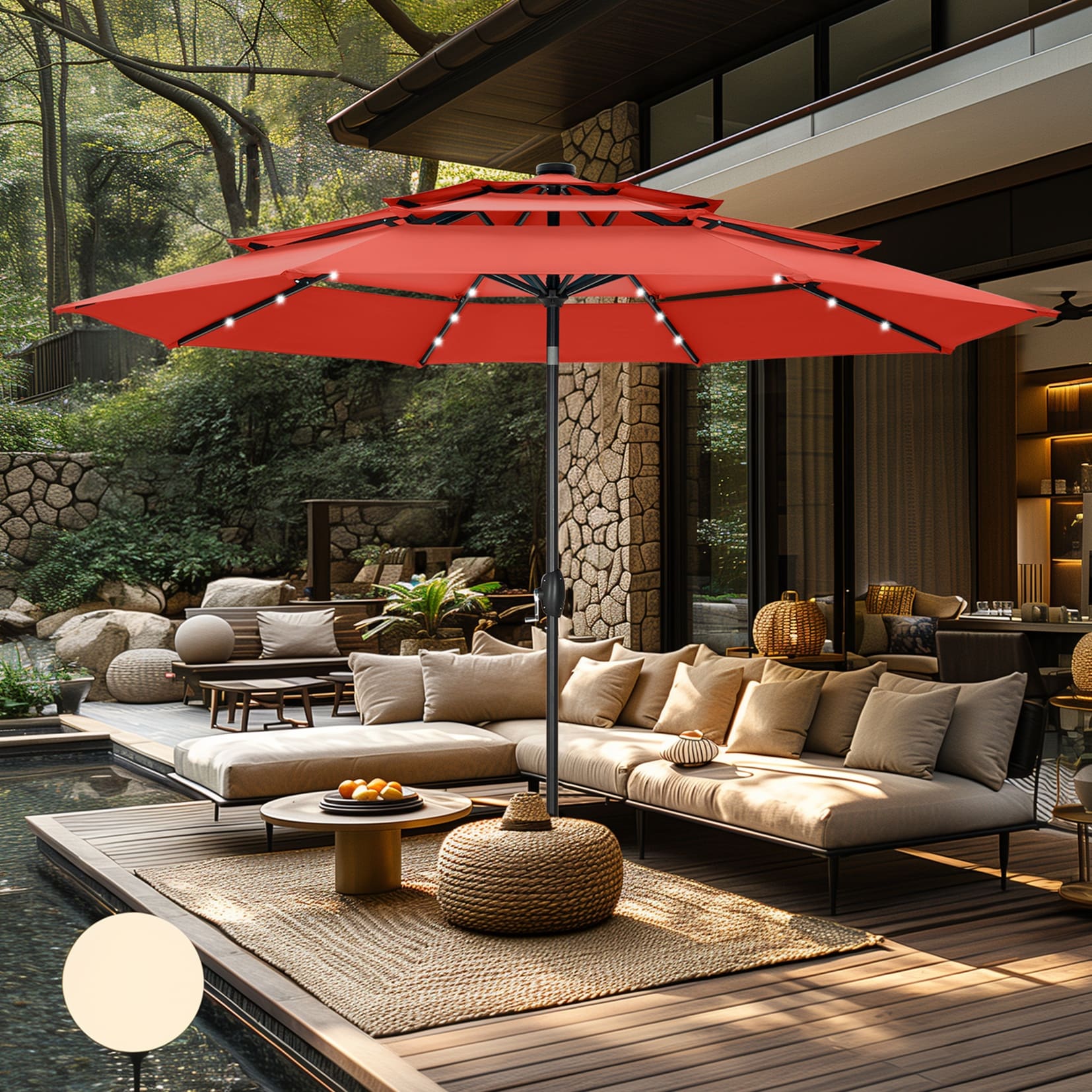 MAISON ARTS 10ft 3 Tier Auto-tilt Patio Umbrella Outdoor Double Vented Umbrella with LED Lights