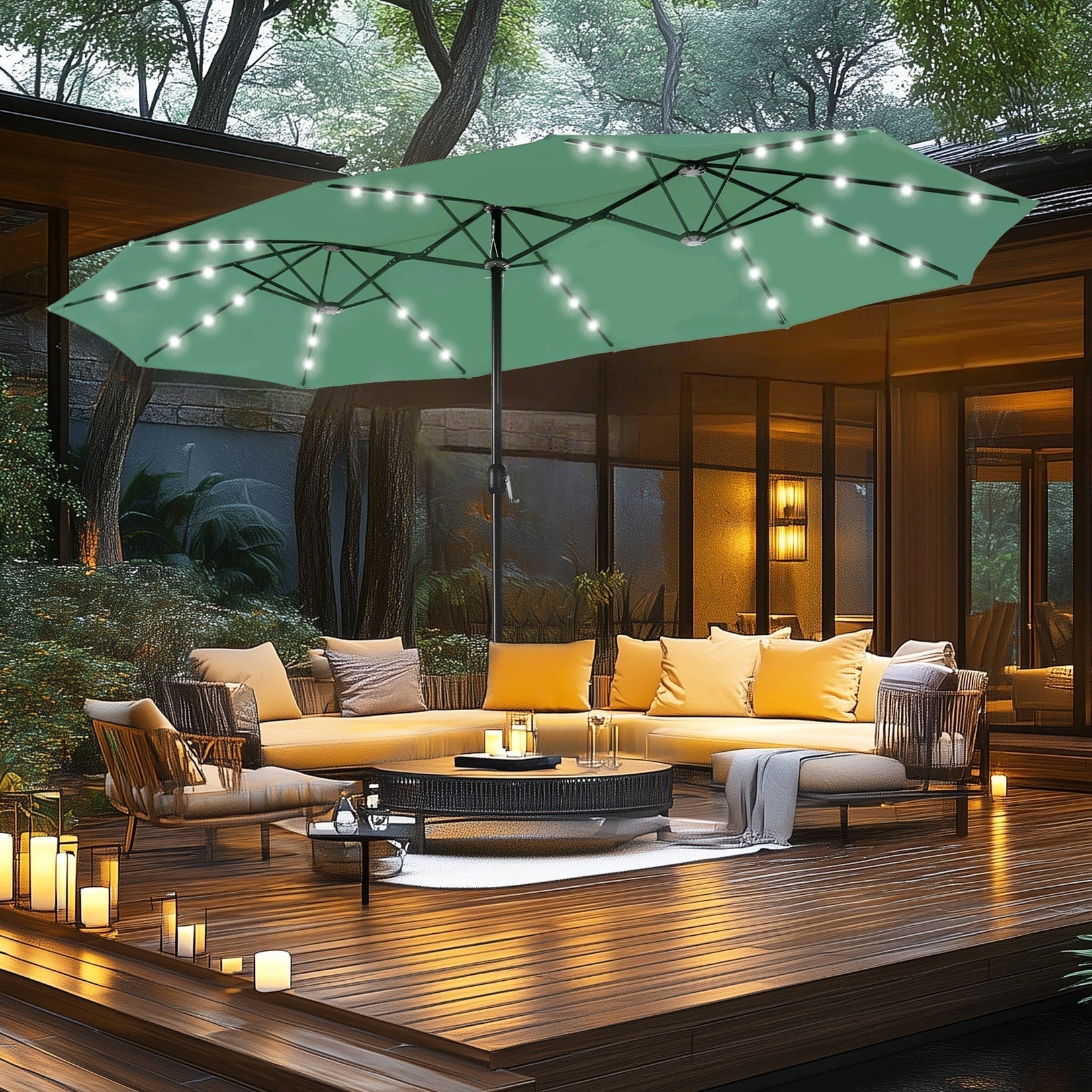 MAISON ARTS 15-foot Rectangular Crank Double-sided Outdoor Market Umbrella Solar LED Lighted Patio Umbrella with Base Included