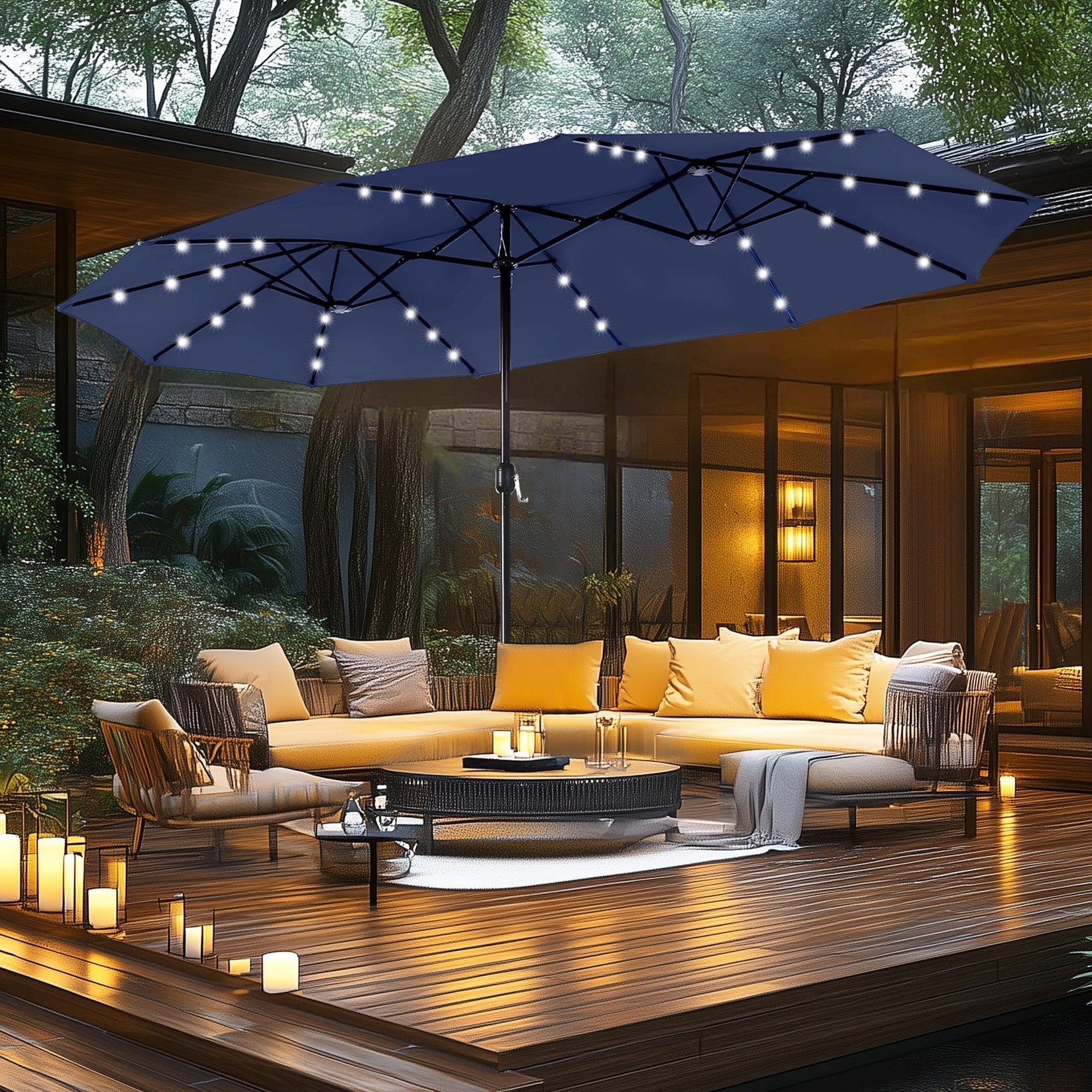 MAISON ARTS 15-foot Rectangular Crank Double-sided Outdoor Market Umbrella Solar LED Lighted Patio Umbrella with Base Included
