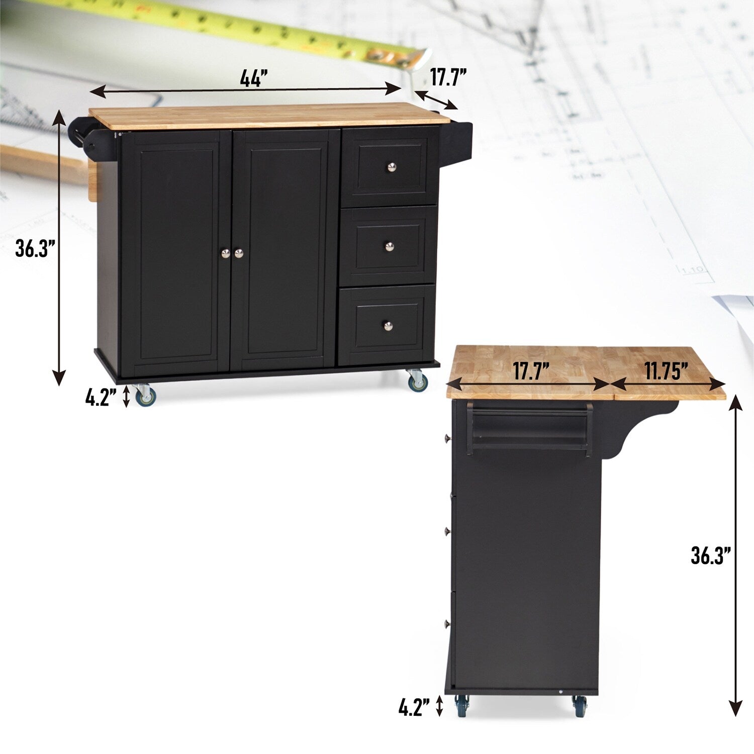 Sophia & William Kitchen Island Cart with Drop-Leaf and Rubber Wood Top, Rolling Kitchen Trolley Cart with Large Storage Cabinet