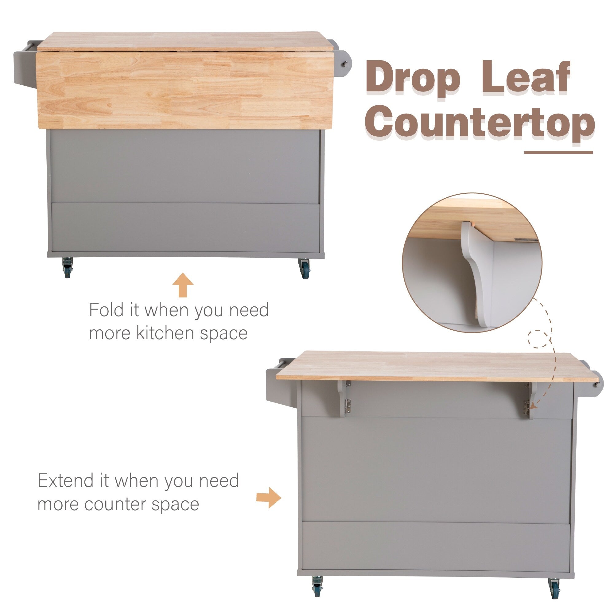 Sophia & William Kitchen Island Cart with Drop-Leaf and Rubber Wood Top, Rolling Kitchen Trolley Cart with Large Storage Cabinet