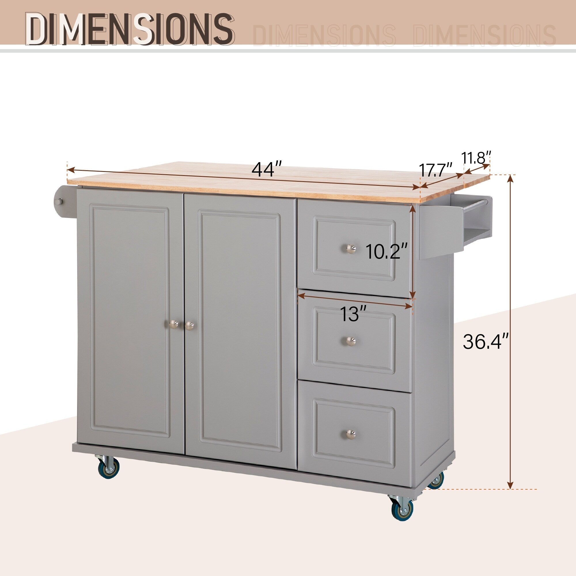 Sophia & William Kitchen Island Cart with Drop-Leaf and Rubber Wood Top, Rolling Kitchen Trolley Cart with Large Storage Cabinet