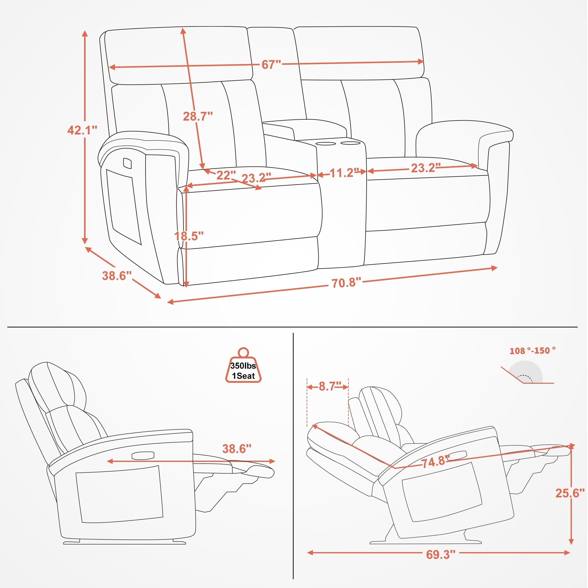 MCombo 60.2 Power Loveseat Recliner Sofa with Massage and Dual Heating, Adjustable Headrest, USB & Type C Port, Fabric