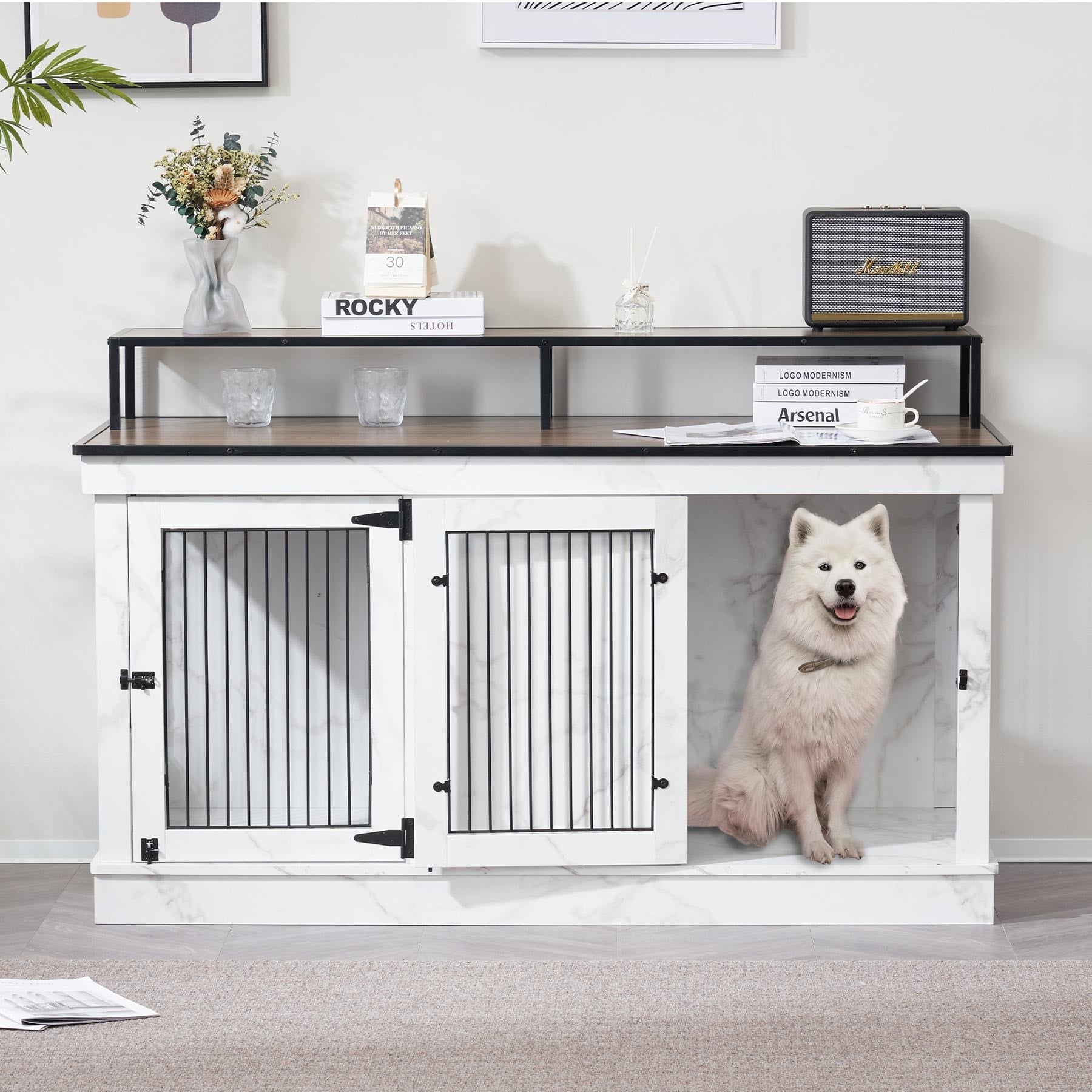 Mcombo Large Dog Crate Furniture TV Stand,Wooden Dog Kennel with Double Doors 1861
