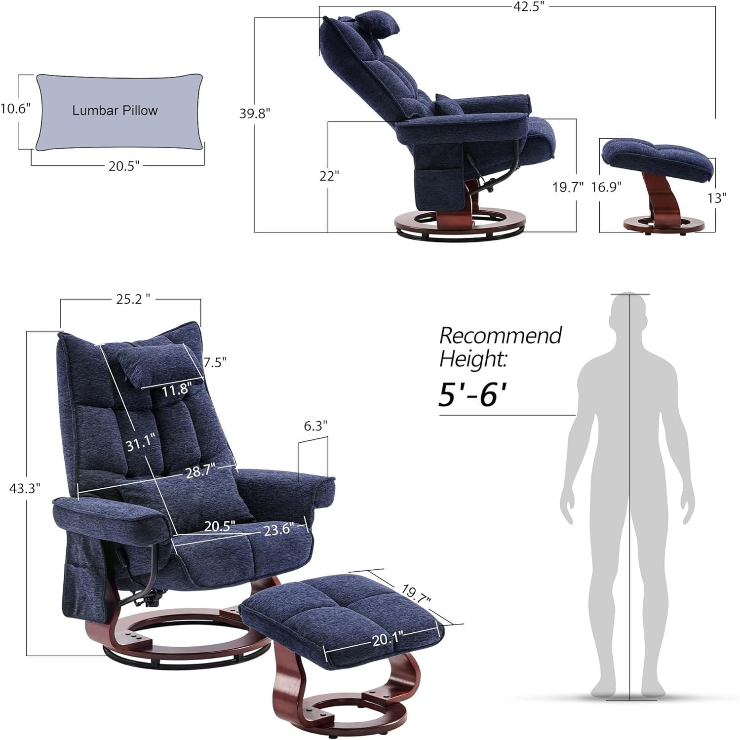 MCombo Set of 2 Swivel Recliner with Ottoman and Neck Pillow,Chenille Fabric