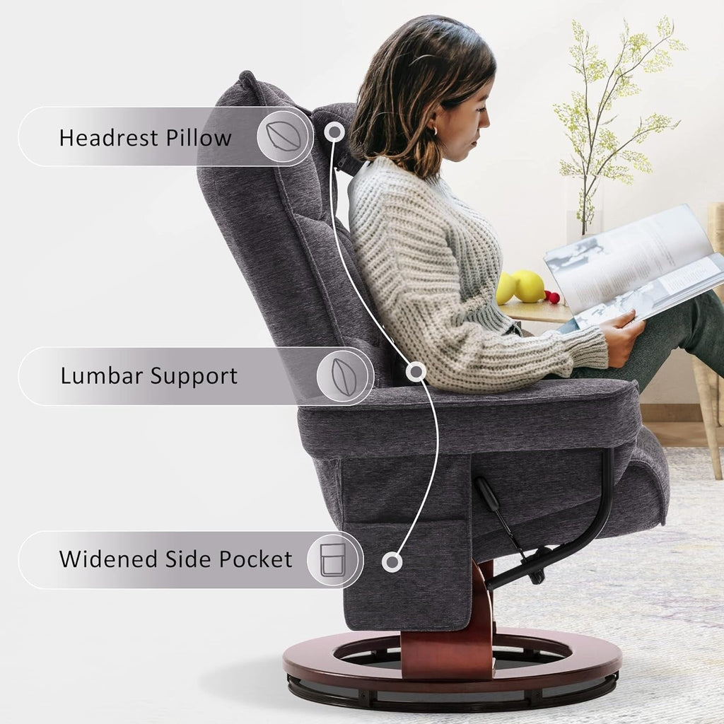 MCombo Set of 2 Swivel Recliner with Ottoman and Neck Pillow,Chenille Fabric