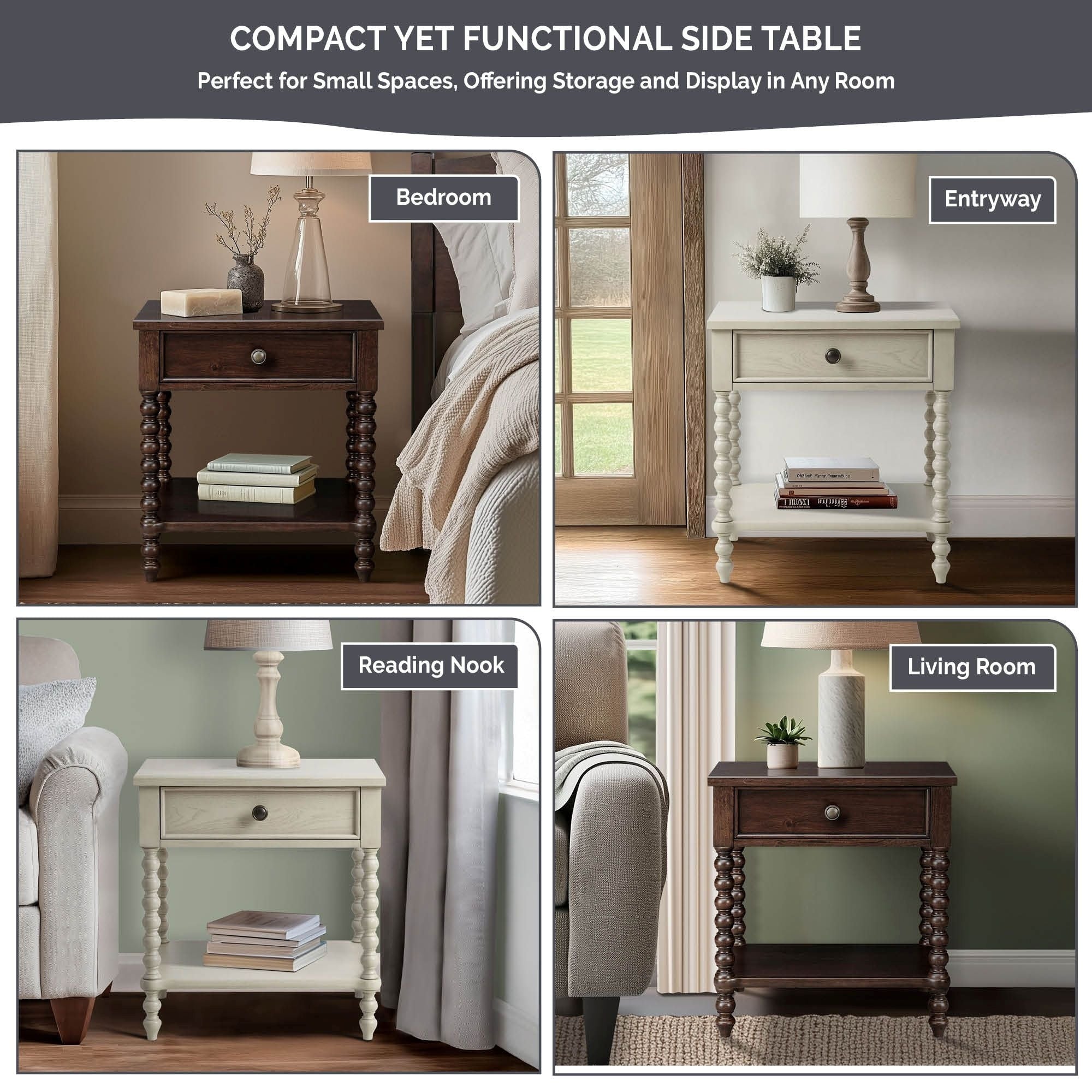 Madison Park Signature Beckett Turned Wood Spindle Nightstand with Drawer & Shelf