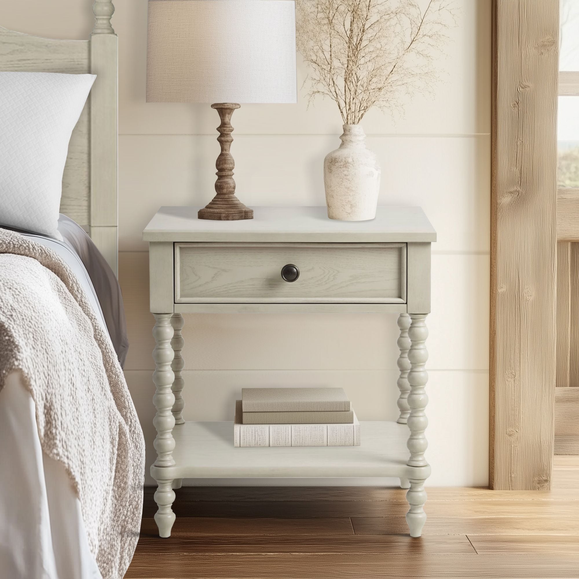 Madison Park Signature Beckett Turned Wood Spindle Nightstand with Drawer & Shelf