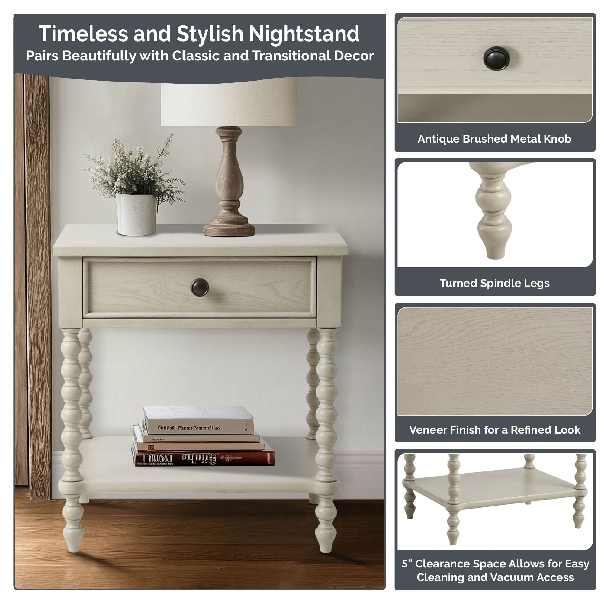 Madison Park Signature Beckett Turned Wood Spindle Nightstand with Drawer & Shelf