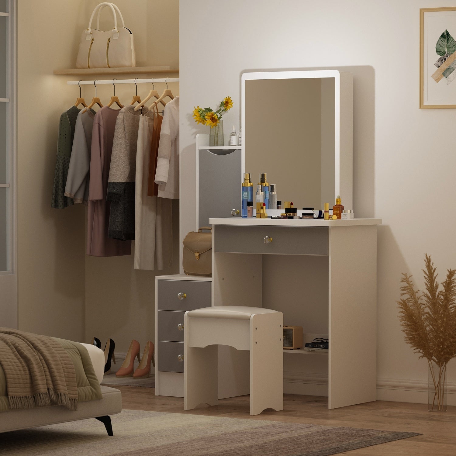 Makeup Vanity Set with Mirror and stool