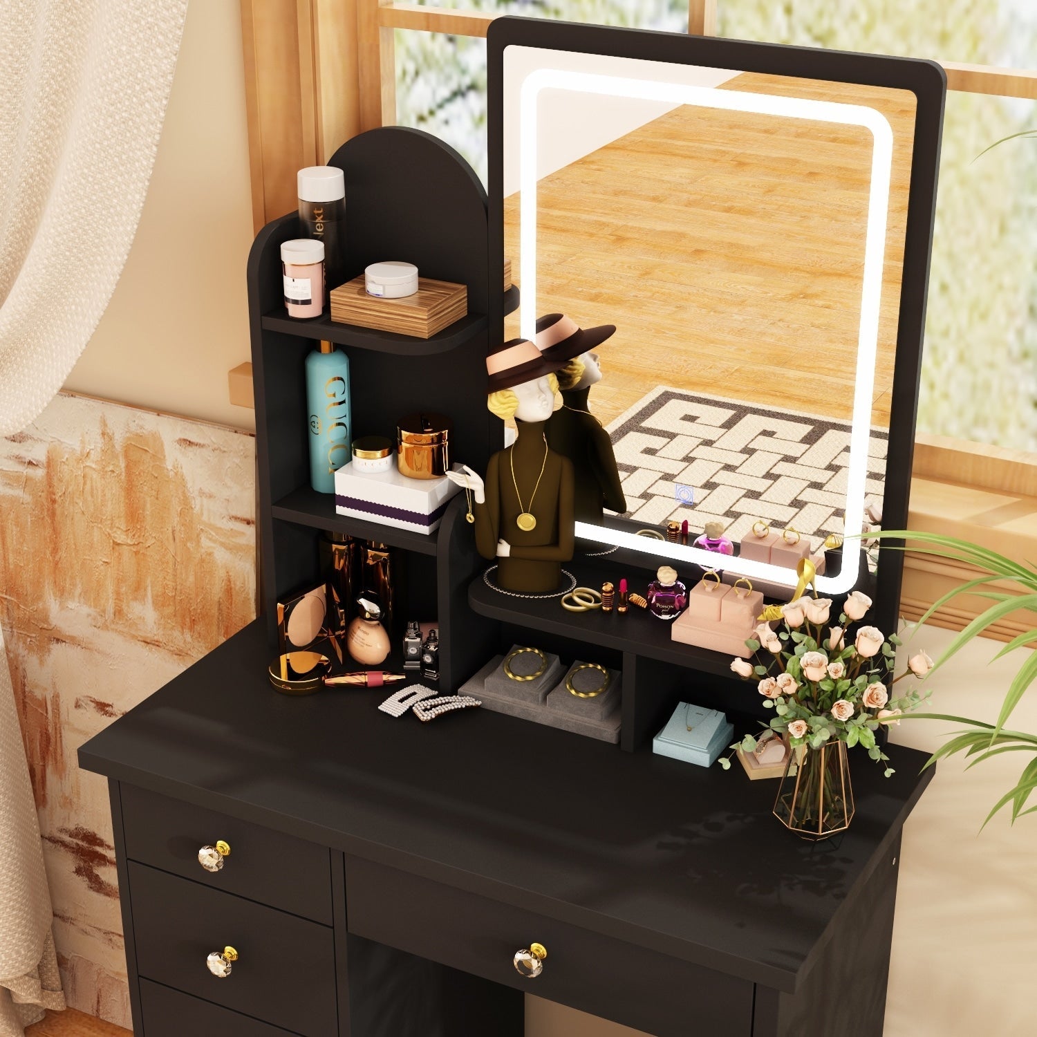 Makeup Vanity Set Table With LED Light &Mirror & Stool