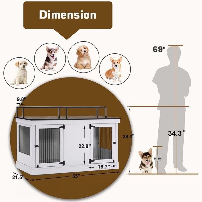 Mcombo Large Dog Crate Furniture TV Stand,Wooden Dog Kennel with Double Doors 1861