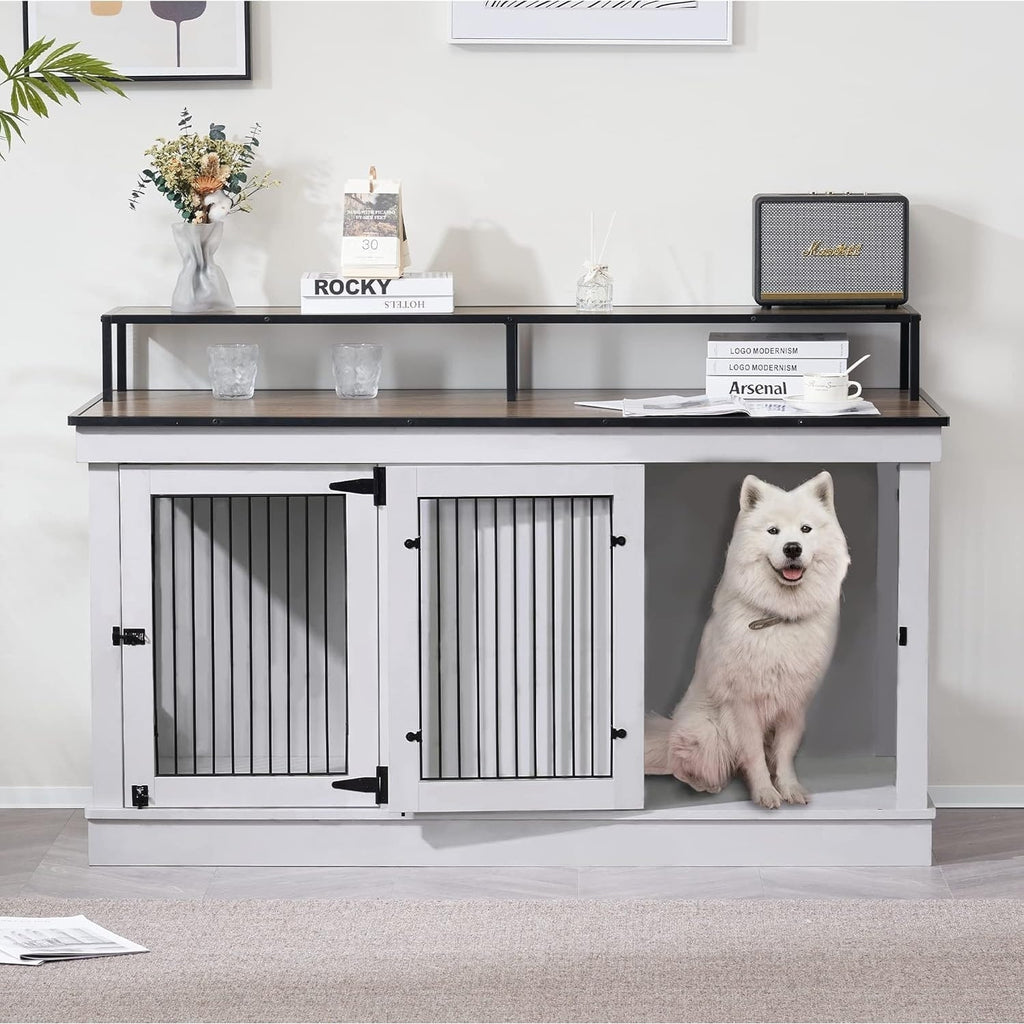 Mcombo Large Dog Crate Furniture TV Stand,Wooden Dog Kennel with Double Doors 1861