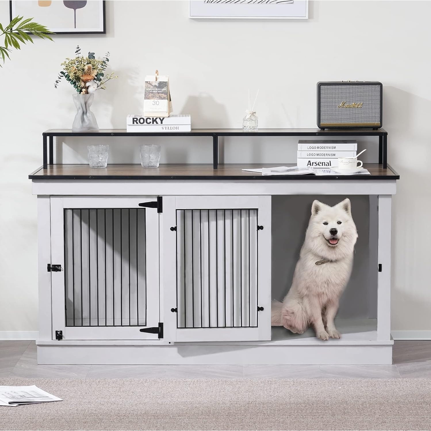 Mcombo Large Dog Crate Furniture TV Stand,Wooden Dog Kennel with Double Doors 1861