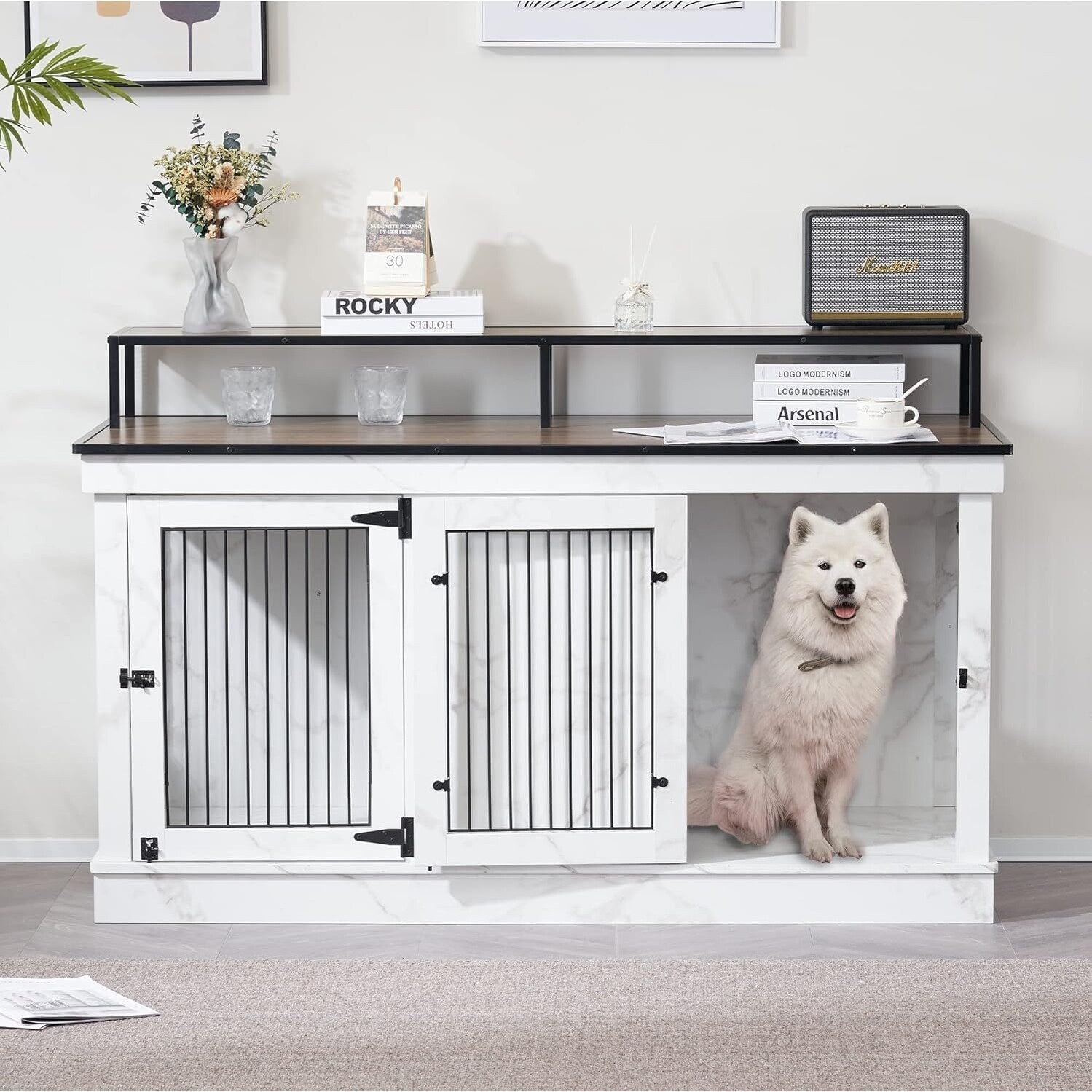 Mcombo Large Dog Crate Furniture TV Stand,Wooden Dog Kennel with Double Doors 1861