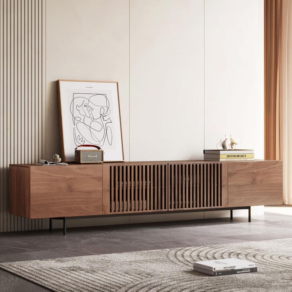 Mid-Century Modern TV Stand with 4 Doors Storage Cabinets, Fits TVs Up to 100 Inches, Living Room Entertainment Center