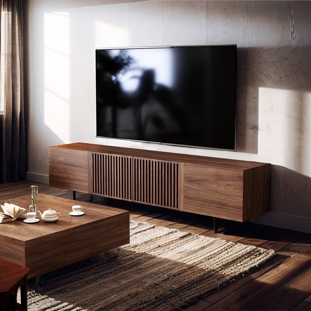 Mid-Century Modern TV Stand with 4 Doors Storage Cabinets, Fits TVs Up to 100 Inches, Living Room Entertainment Center