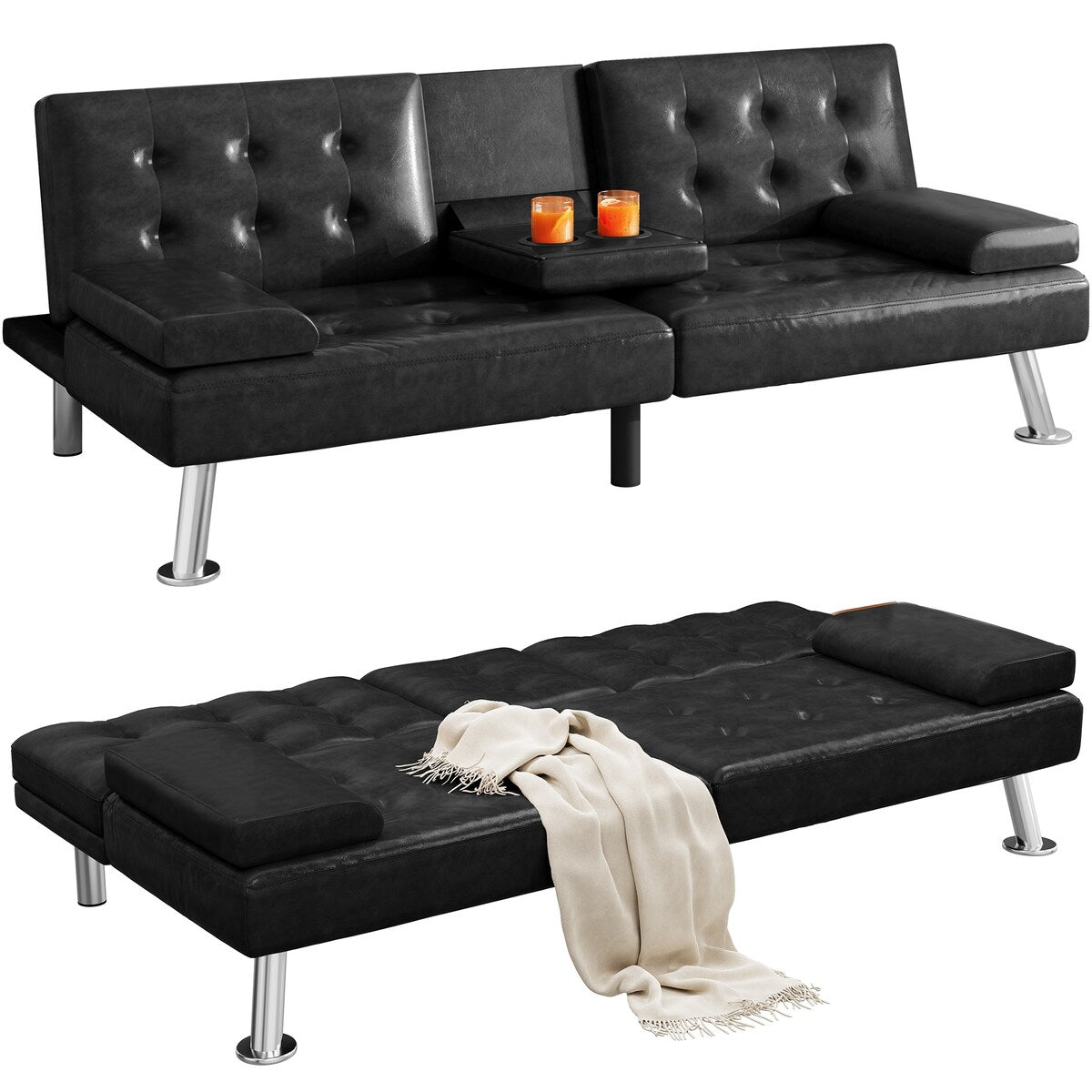 Moasis Faux Leather Futon Sofa Bed Modern Folding Futon Set - 64 L x 30 W x 26 H