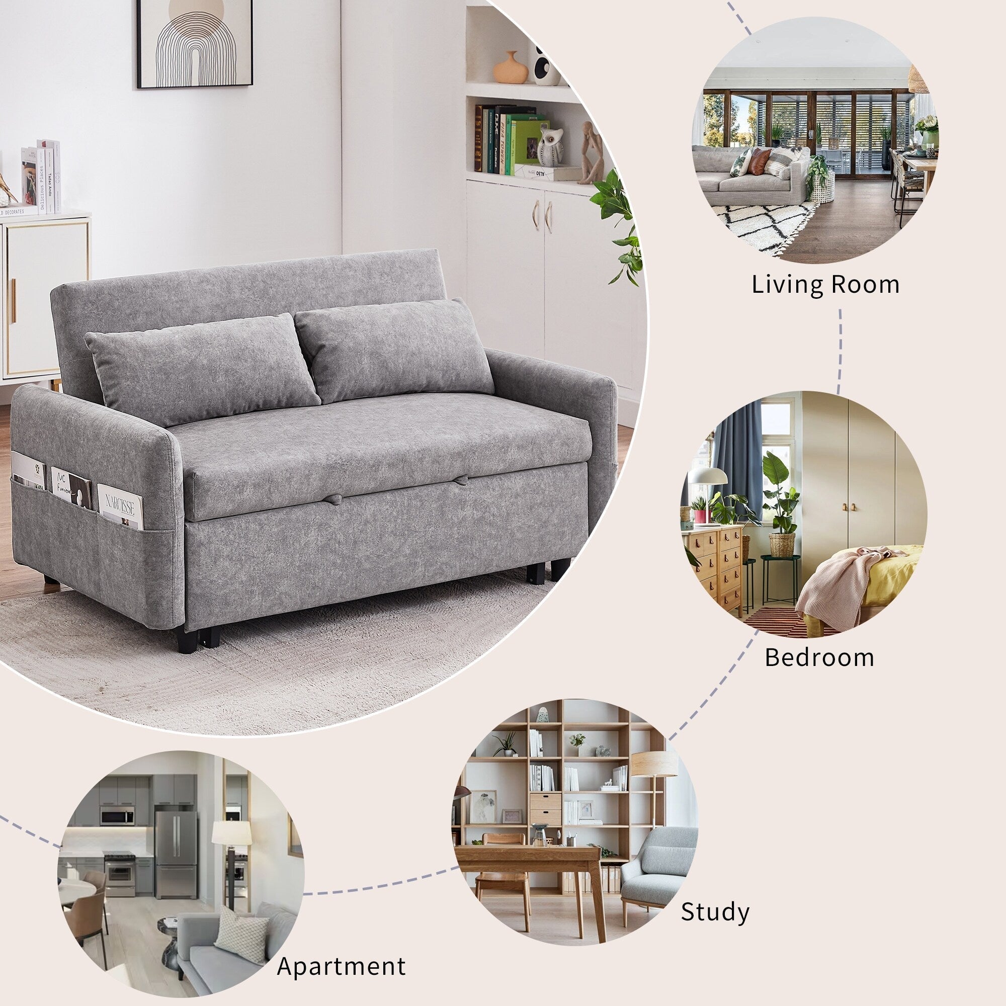 Modern 2 Seat Couch, Microfiber Pull Out Sleep Sofa Bed wih Adjsutable Backrest, Storage Pockets, 2 Soft Pillows, USB Ports