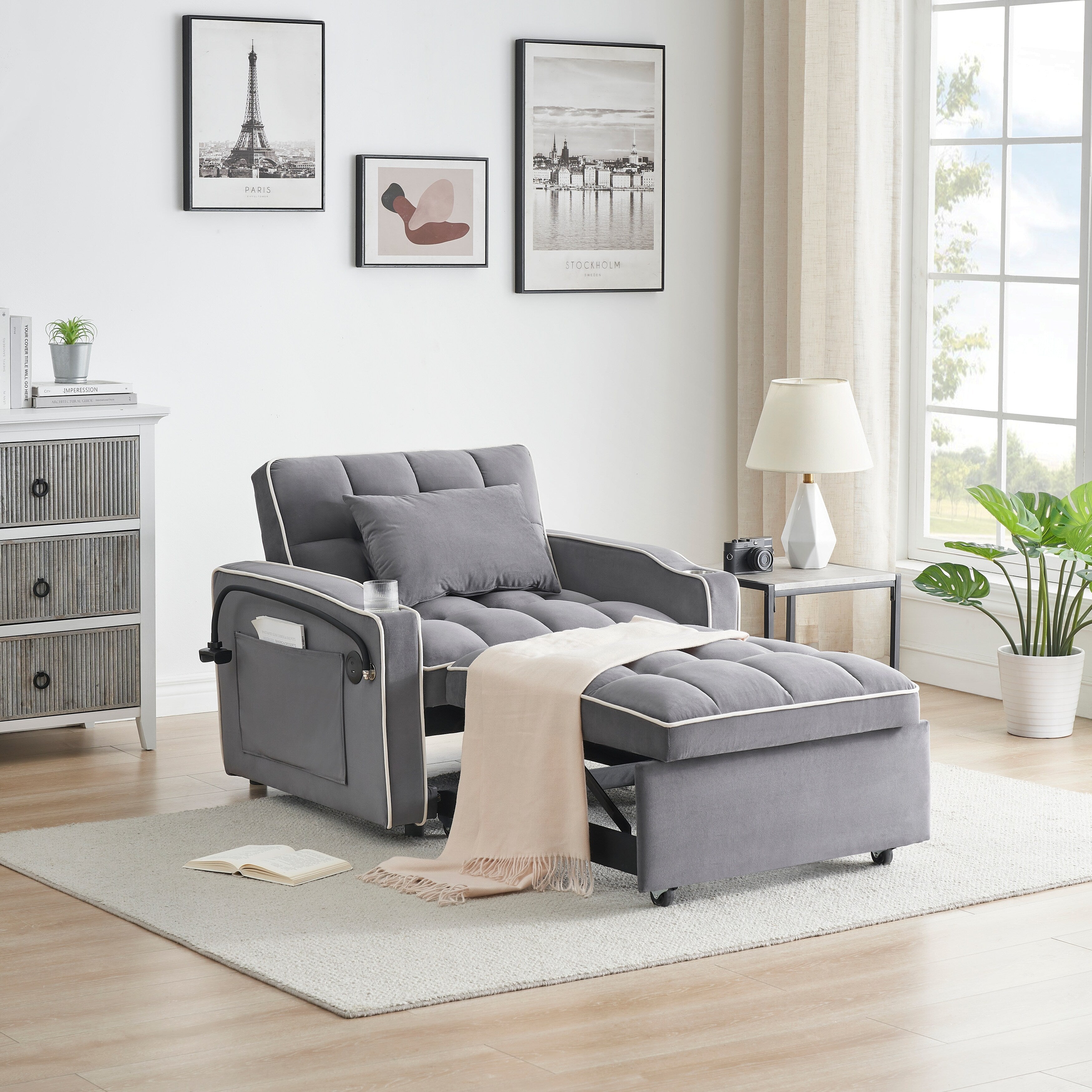 Modern 70.86 3 in 1 Single Convertible Sofa Bed with Adjustable Back and USB Charging Port for Living Room