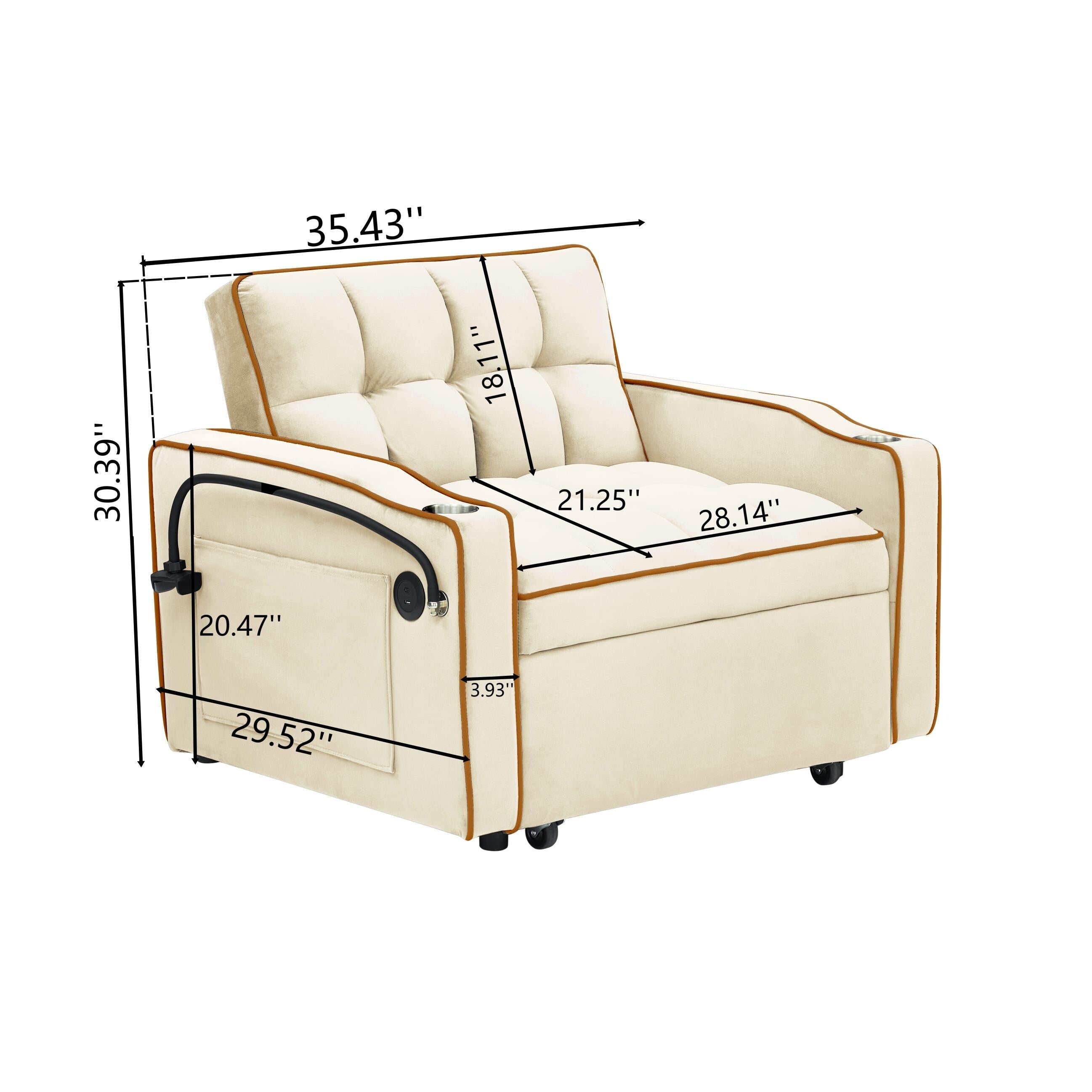 Modern 70.86 3 in 1 Single Convertible Sofa Bed with Adjustable Back and USB Charging Port for Living Room
