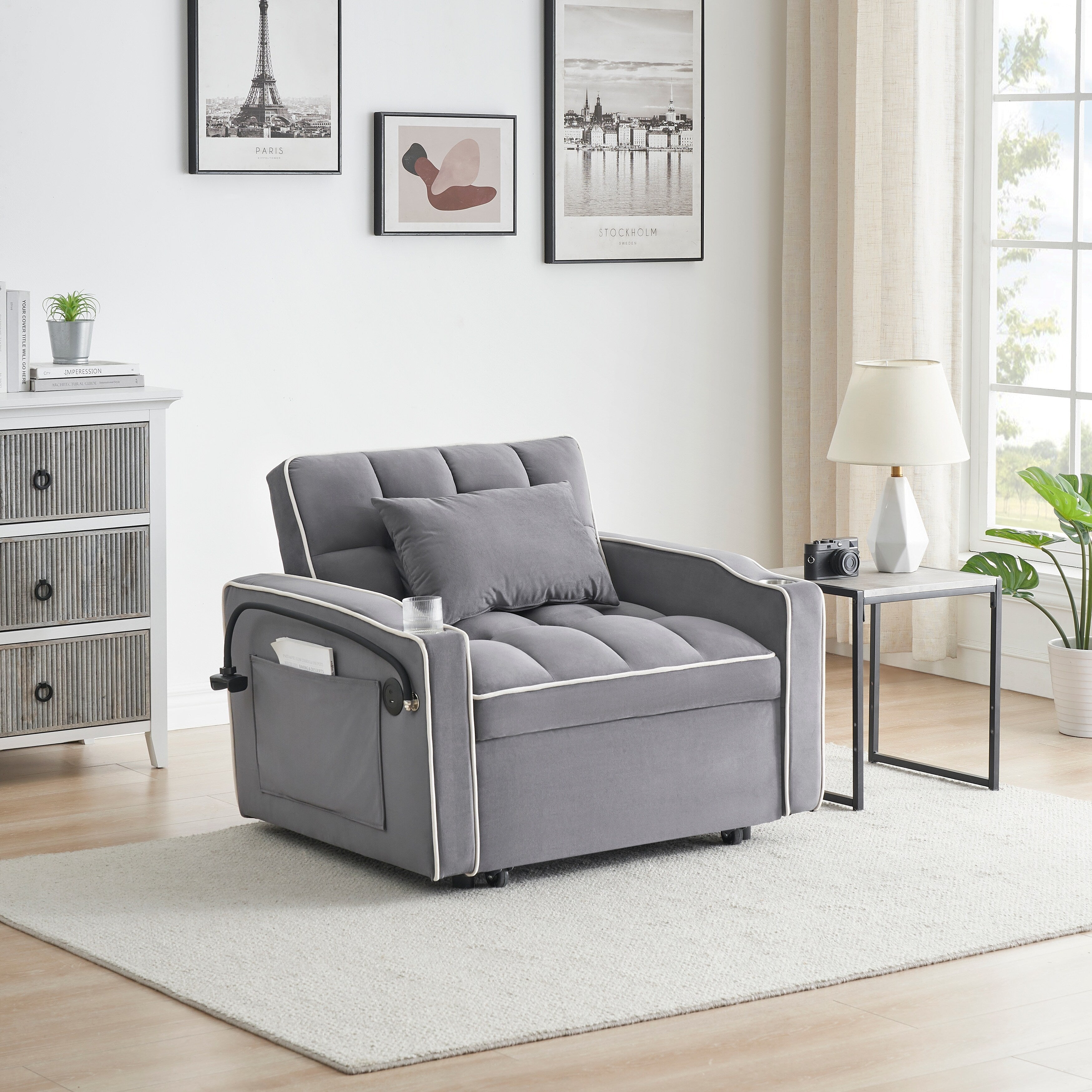 Modern 70.86 3 in 1 Single Convertible Sofa Bed with Adjustable Back and USB Charging Port for Living Room