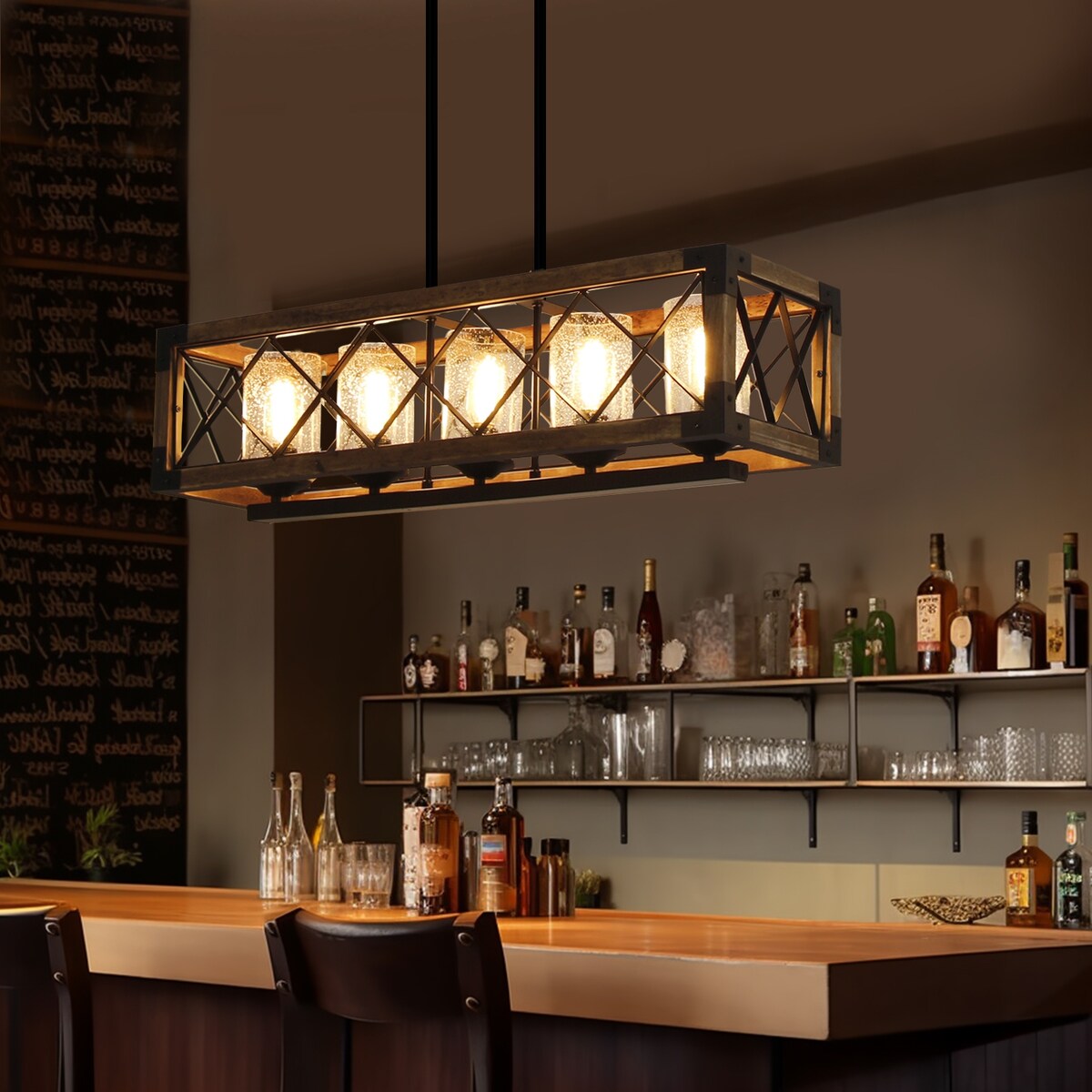 Modern Farmhouse 5-Light Wood Rectangle Chandelier Seeded Glass Kitchen Island Lights for Dining Room - 31.5 L x 8.75 W x 8 H