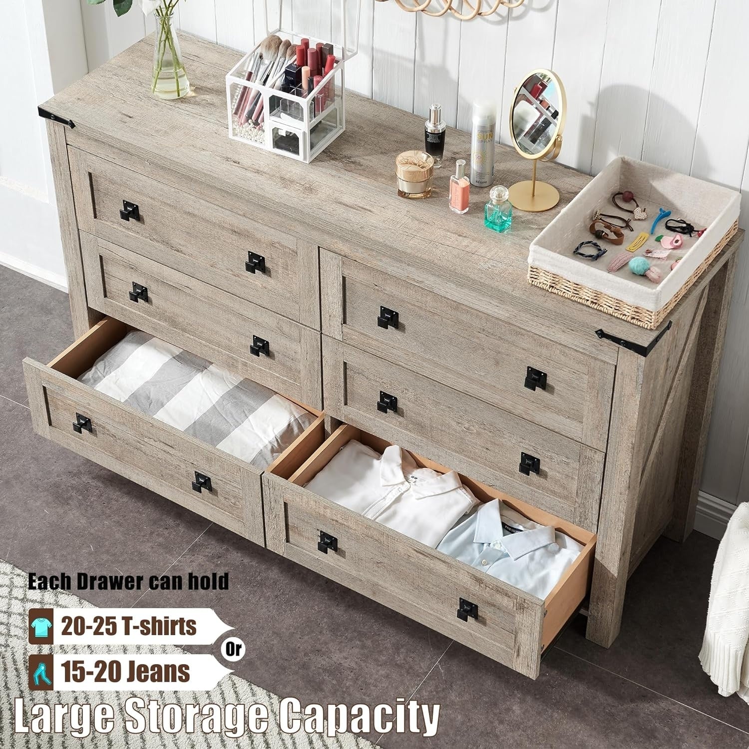 Farmhouse 6 Drawer Dresser, Wood TV Stand, Chest of Drawers