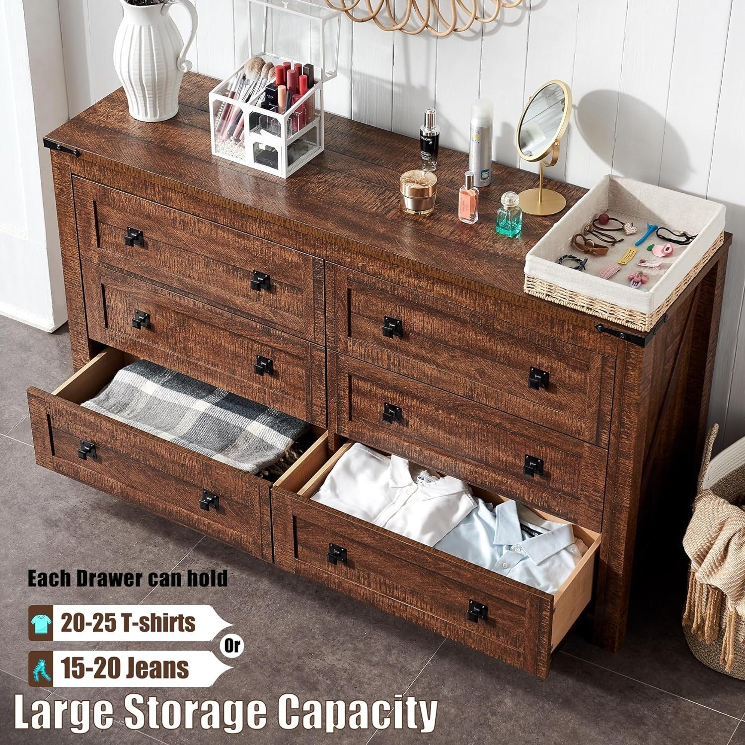 Farmhouse 6 Drawer Dresser, Wood TV Stand, Chest of Drawers