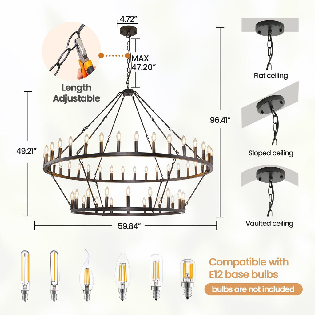Modern Farmhouse Chandelier 2 Tier Round Wagon Wheel Chandelier Large High Ceiling Light.