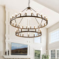 Modern Farmhouse Chandelier 2 Tier Round Wagon Wheel Chandelier Large High Ceiling Light.