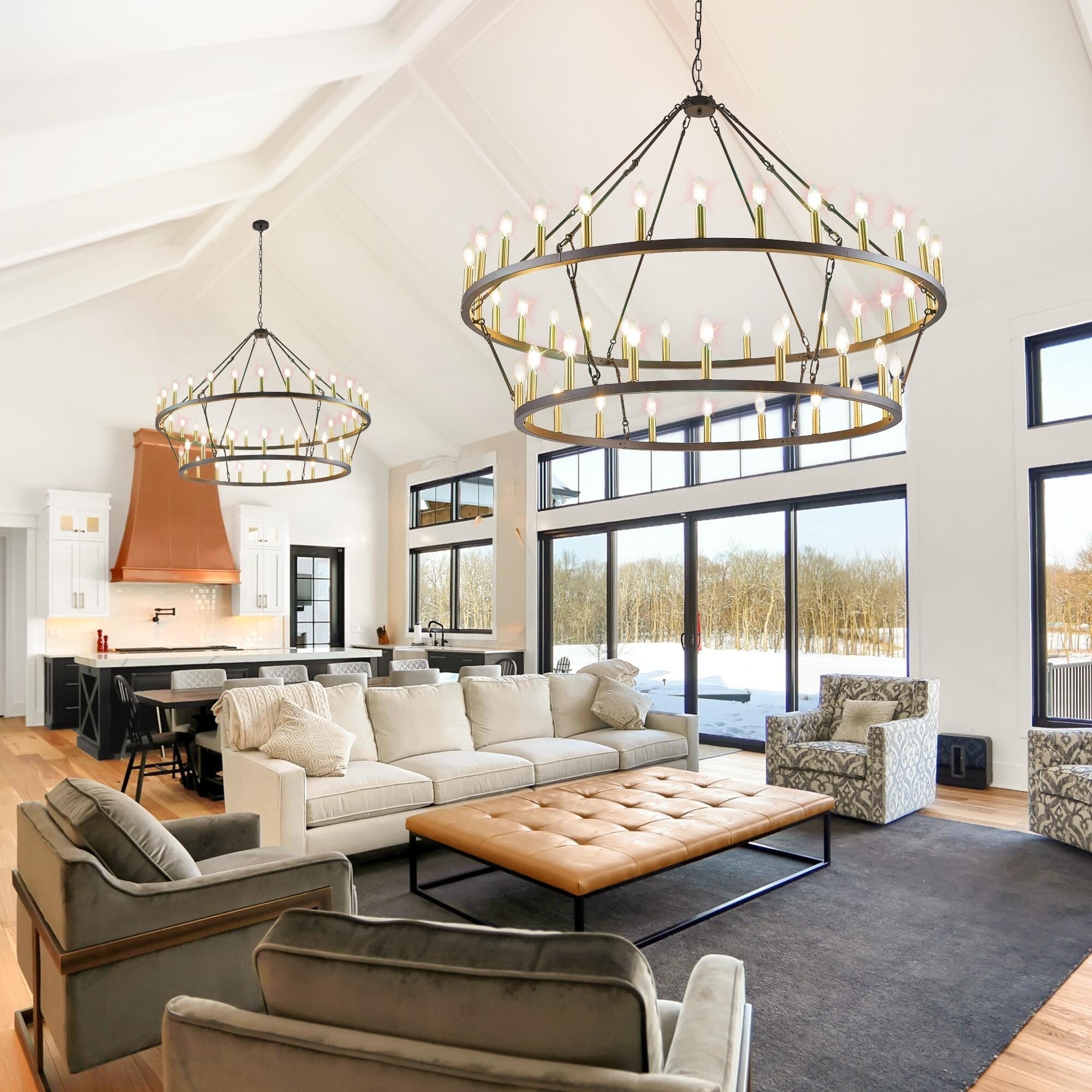 Modern Farmhouse Chandelier 2 Tier Round Wagon Wheel Chandelier Large High Ceiling Light.