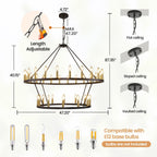 Modern Farmhouse Chandelier 2 Tier Round Wagon Wheel Chandelier Large High Ceiling Light.
