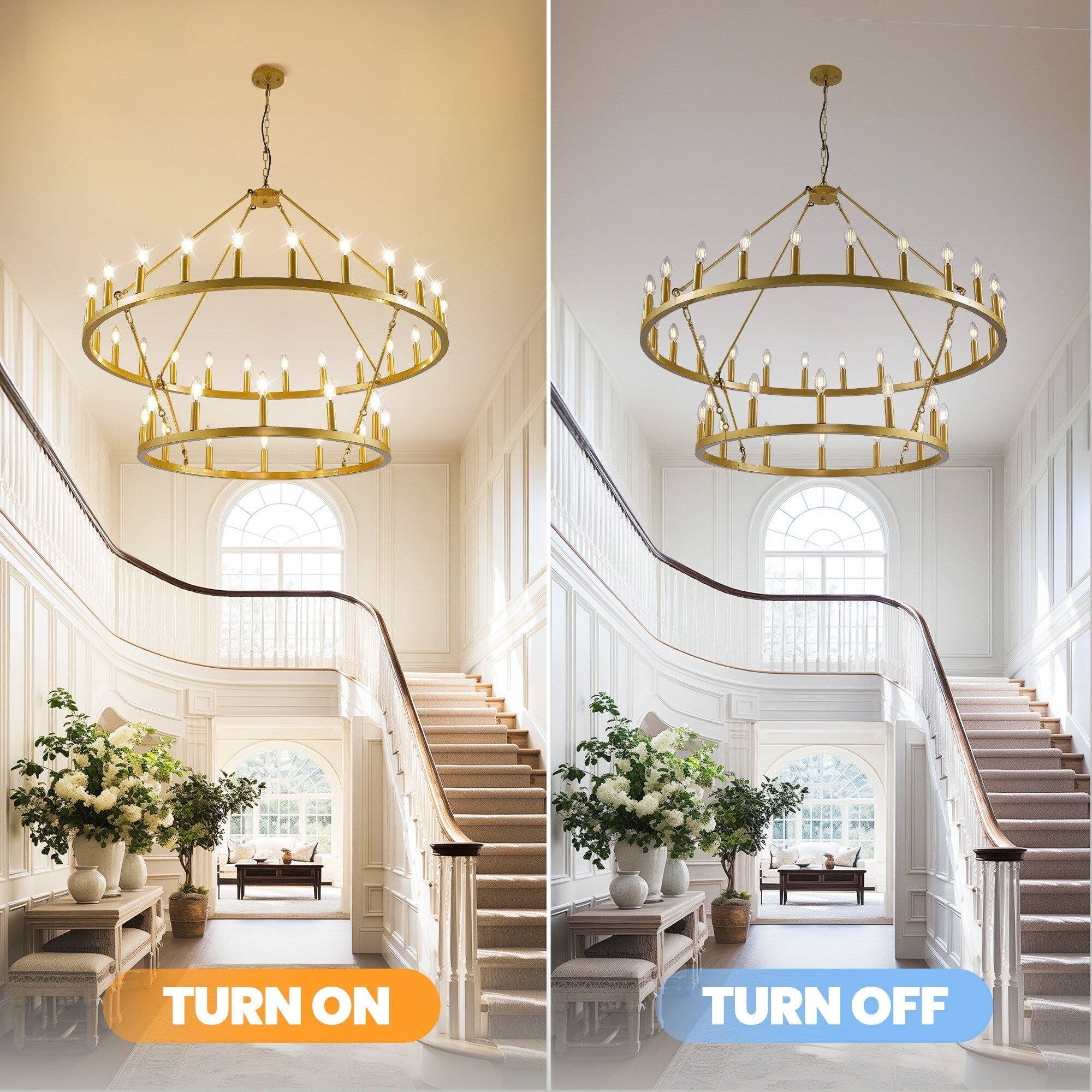 Modern Farmhouse Chandelier 2 Tier Round Wagon Wheel Chandelier Large High Ceiling Light.