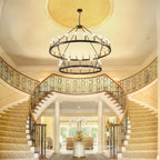 Modern Farmhouse Chandelier 2 Tier Round Wagon Wheel Chandelier Large High Ceiling Light.