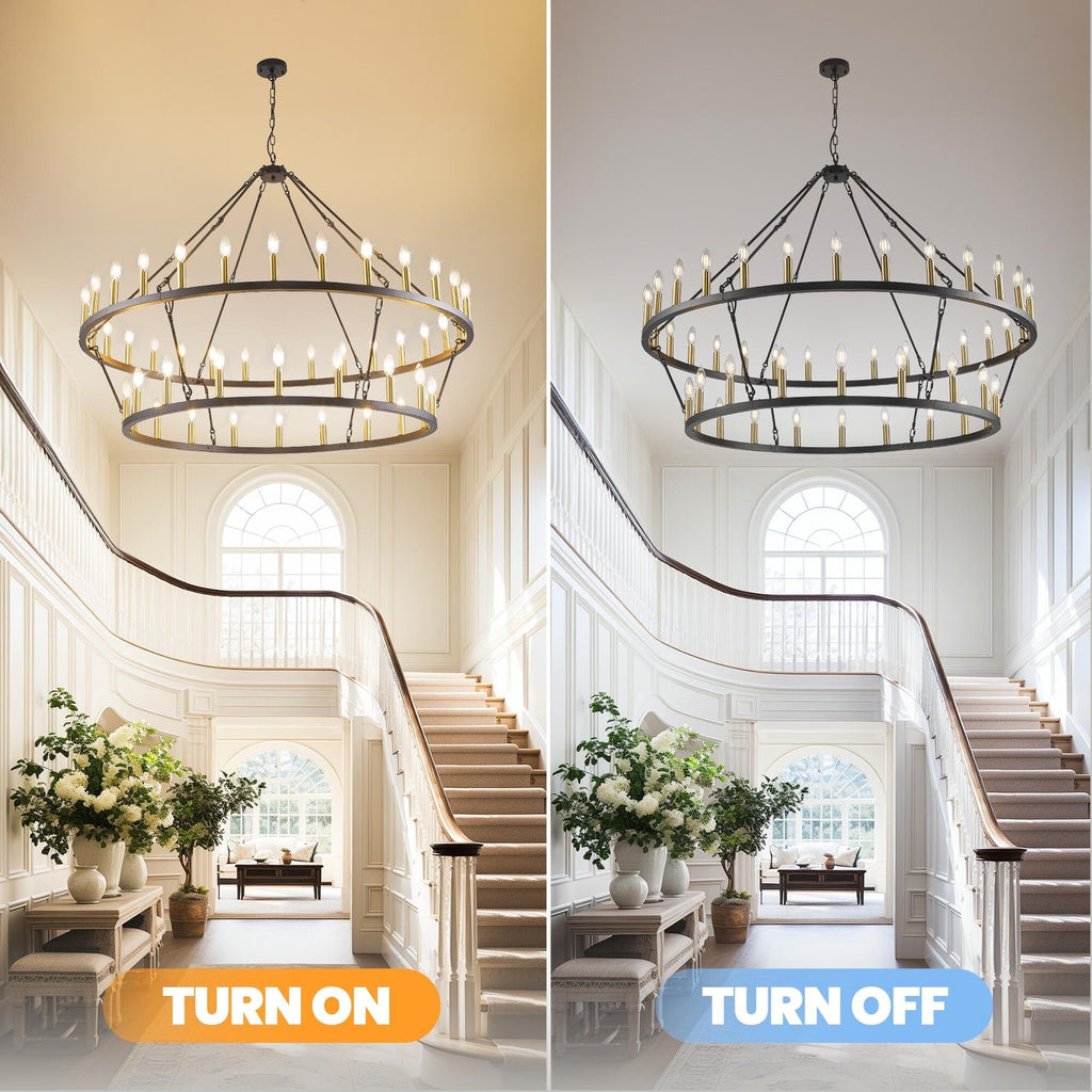 Modern Farmhouse Chandelier 2 Tier Round Wagon Wheel Chandelier Large High Ceiling Light.