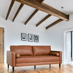 Modern Genuine Leather Sofa with Wooden Legs & Additional Bolster Pillow