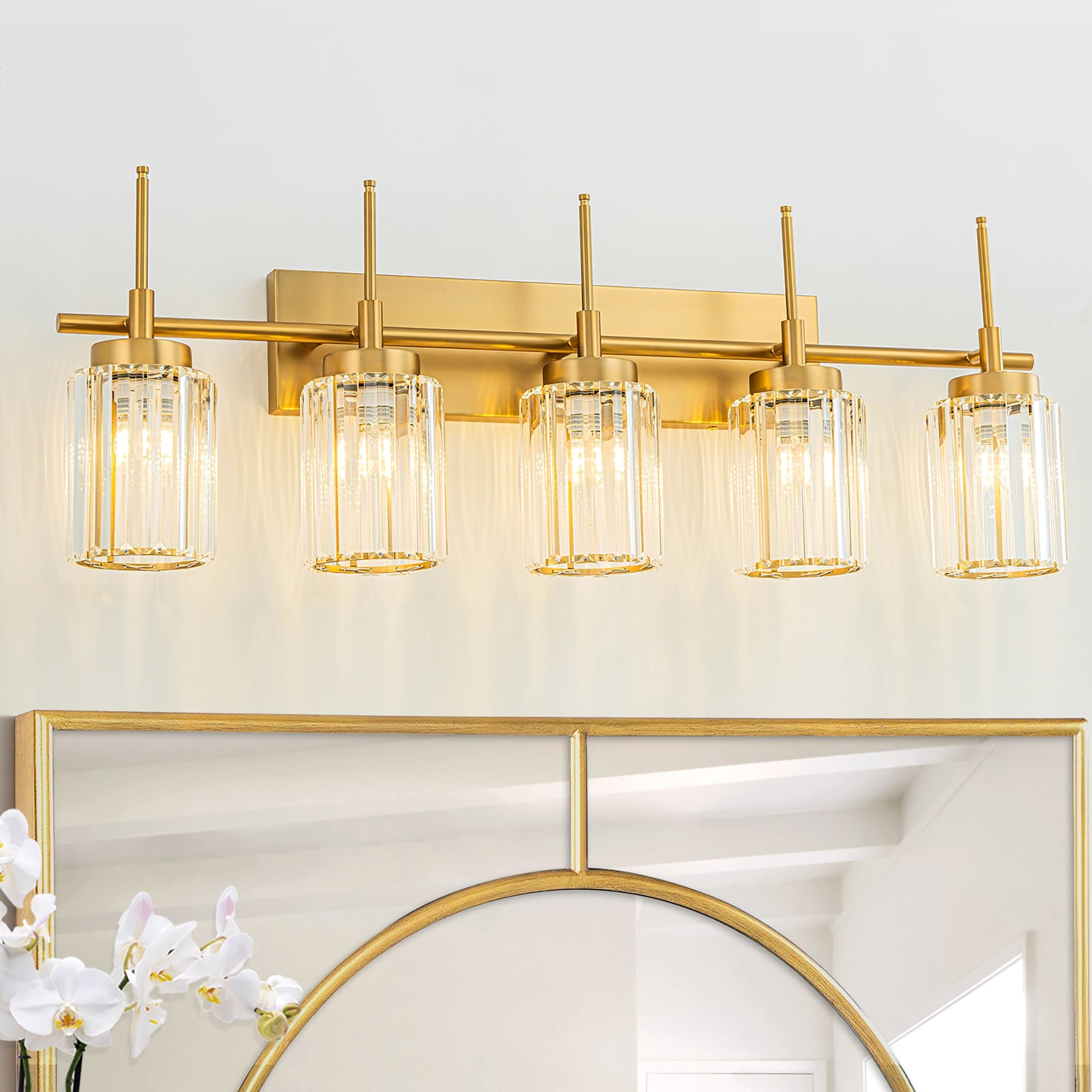 Modern Gold Dimmable Wall Light Glam Cylinder Bathroom Crystal Vanity Light Wall Sconces