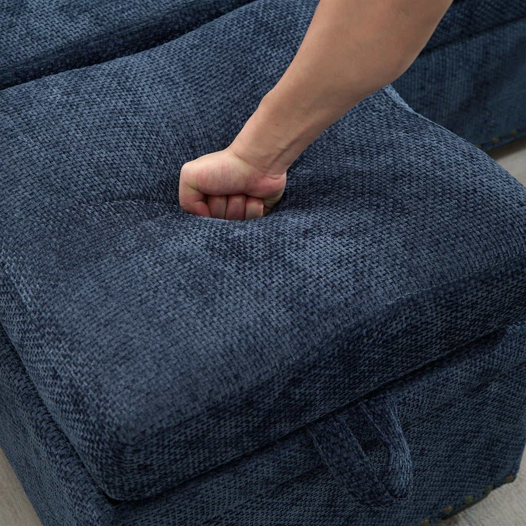 Modern L-Shaped Chenille Sectional Sofa with Pull-Out Sleeper, Storage Seats, Ottoman and 2 Pillows for Living Room