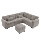 Modern L-Shaped Chenille Sectional Sofa with Pull-Out Sleeper, Storage Seats, Ottoman and 2 Pillows for Living Room
