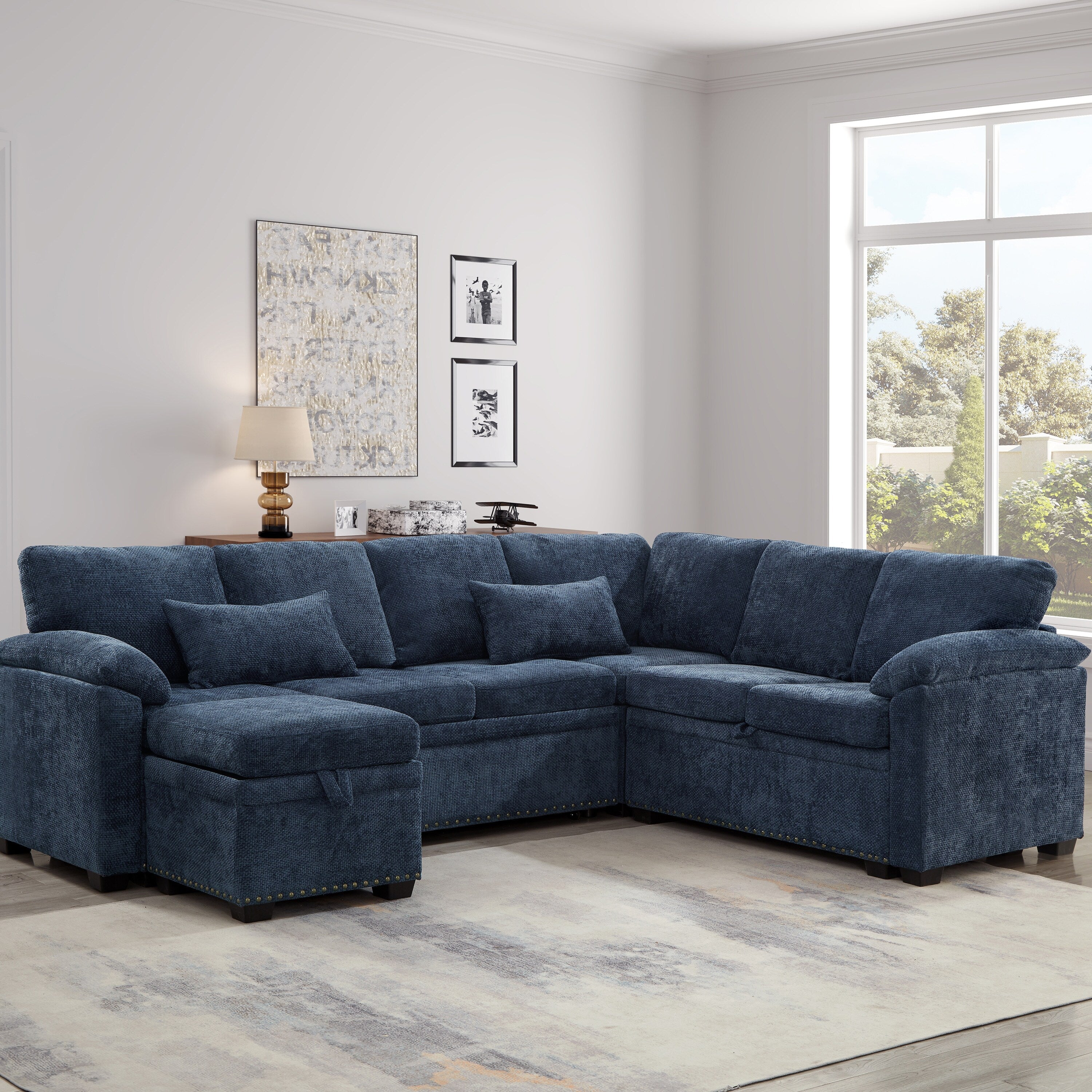 Modern L-Shaped Chenille Sectional Sofa with Pull-Out Sleeper, Storage Seats, Ottoman and 2 Pillows for Living Room