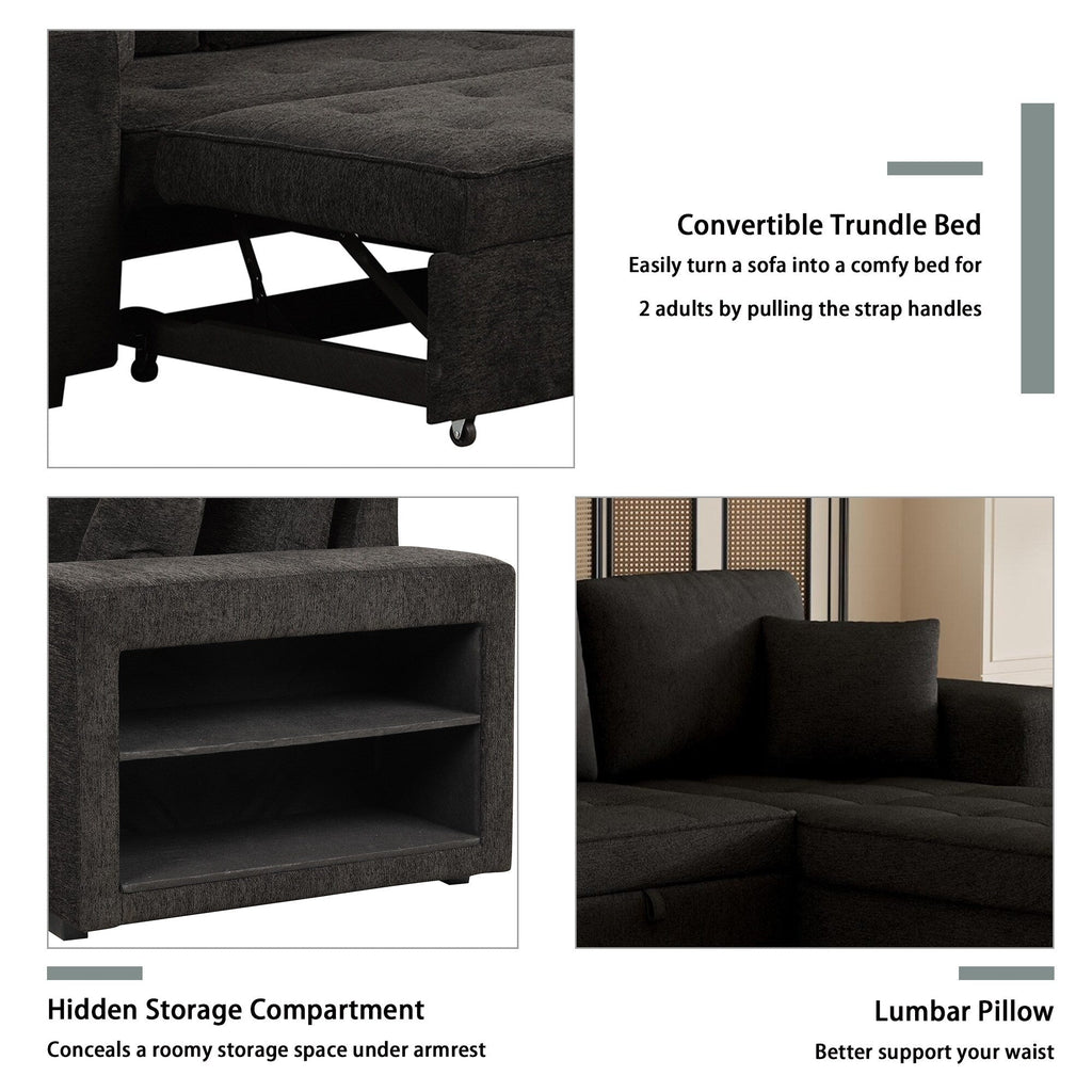 Modern L-Shaped Pull-Out Sectional Sofa Bed with Reversible Chaise, Storage and 2 Stools for Living Room Apartment