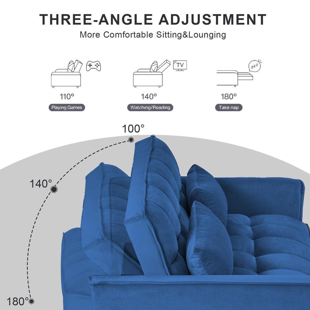 Modern Pull-Out Couch Bed, 3-in-1 Sleeper Sofa with Adjustable Backrest, Velvet Loveseat, Pillows & Side Pockets